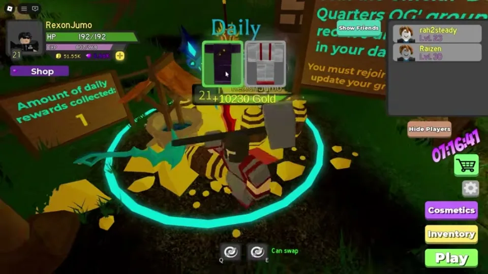 Daily Rewards result visible in the current Dungeon Quest Reborn lobby
